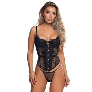 Black Floral Eyelash Lace Satin Balconette Cup Corset Underwire Boned XS–XL